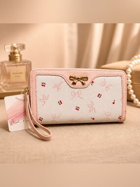 Chic Pink Bow & Cherry Wristlet Wallet - Women's Zip Clutch